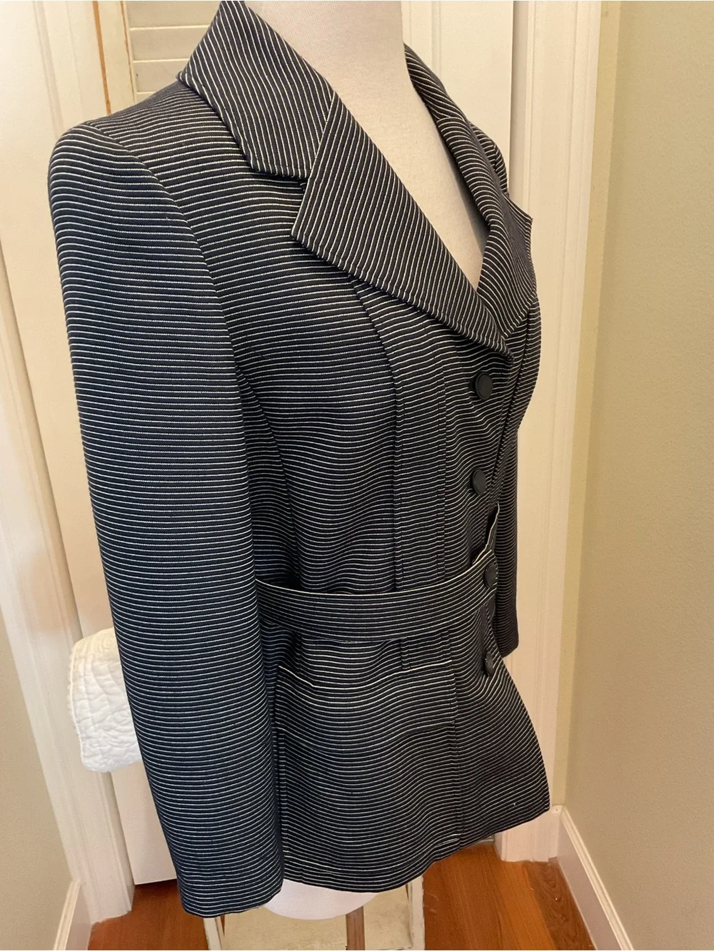 CHANEL Navy and White Pinstripe Tailored Blazer Jacket